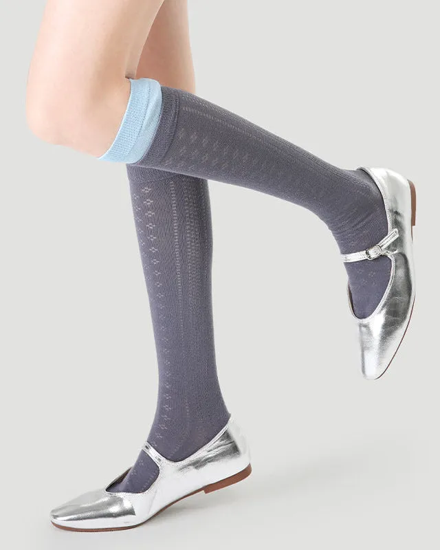 Sweetnana Women's Mesh Seamless Socks for Spring/Summer, Cuff Contrasting Color, Hollow Pattern, Thin Trendy Socks, Soft and Comfort, Calf Socks.