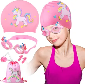 Swim Cap with Swimming Goggles and Storage Bag, Silicone Waterproof Swimming and Bathing Caps for Long and Short Hair with Ear Plug and Nose Clip (Unicorn)