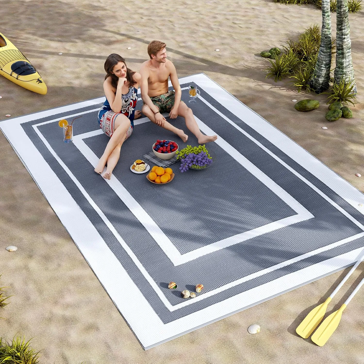 TECHMILLY Outdoor Rug 5x8 ft, Waterproof Outdoor Plastic Straw Rug, Reversible Portable Carpet for Patio, Camping, RV, Balcony, Deck, and Picnic, Grey & Navy