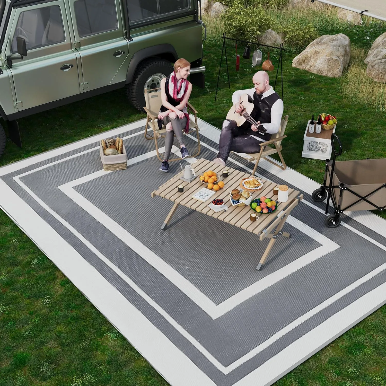 TECHMILLY Outdoor Rug 5x8 ft, Waterproof Outdoor Plastic Straw Rug, Reversible Portable Carpet for Patio, Camping, RV, Balcony, Deck, and Picnic, Grey & Navy