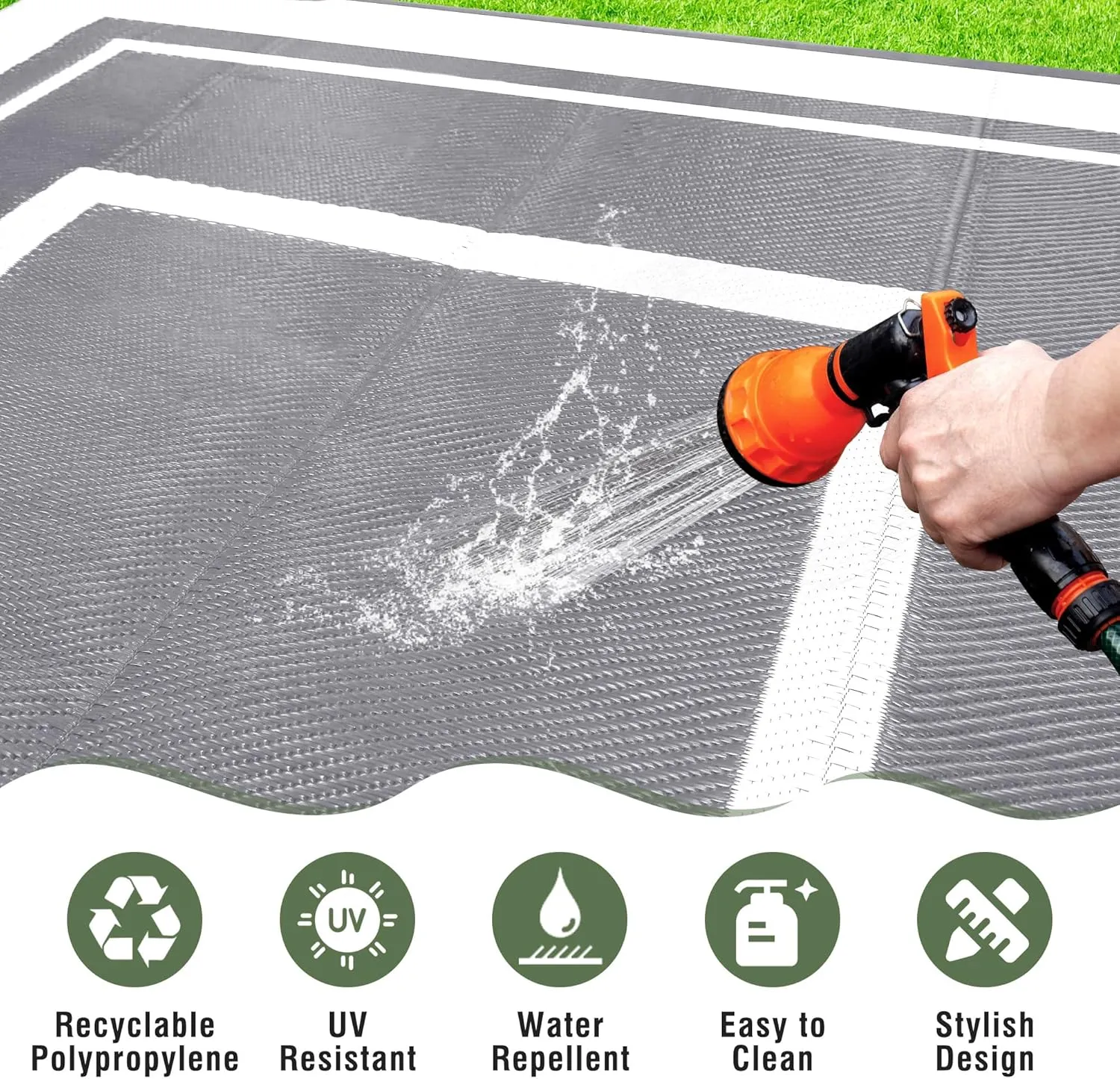 TECHMILLY Outdoor Rug 5x8 ft, Waterproof Outdoor Plastic Straw Rug, Reversible Portable Carpet for Patio, Camping, RV, Balcony, Deck, and Picnic, Grey & Navy
