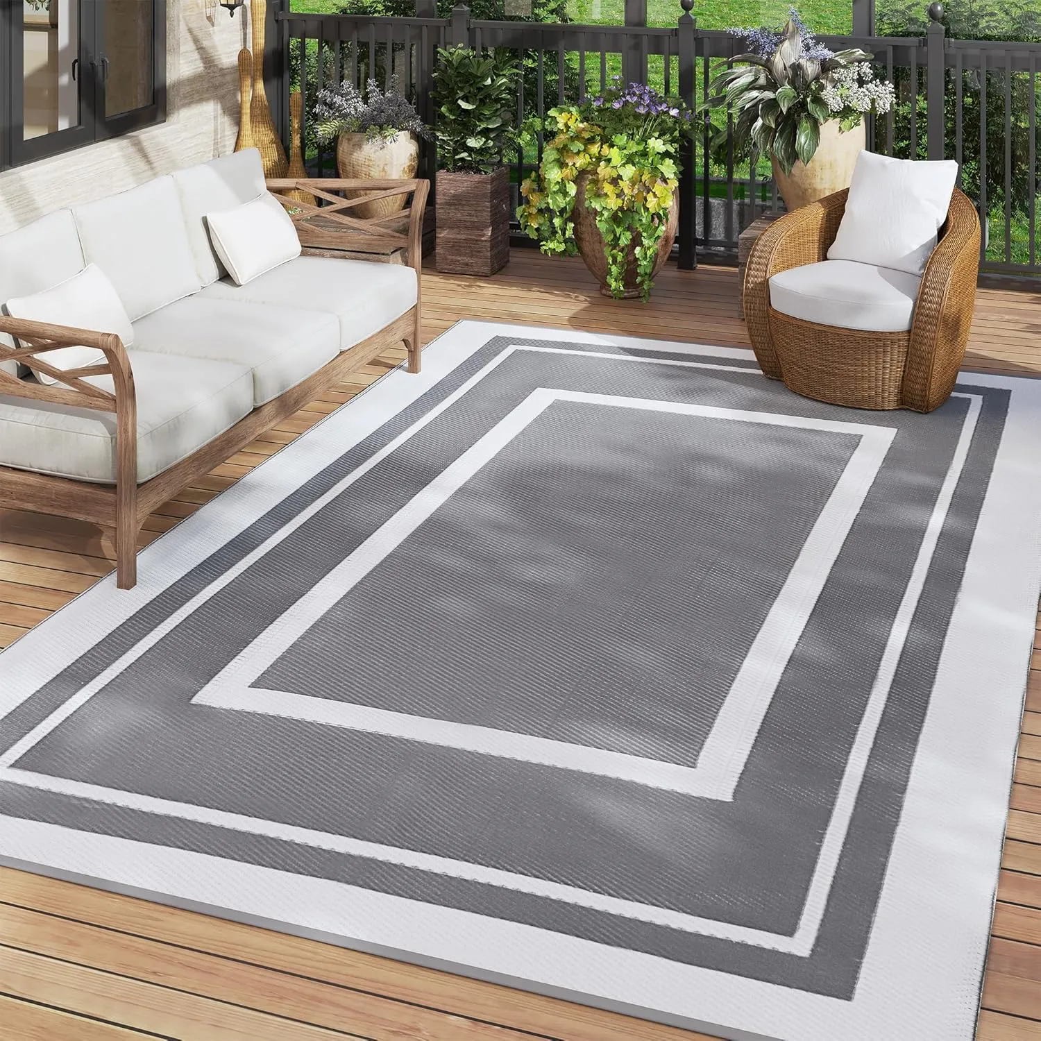 TECHMILLY Outdoor Rug 5x8 ft, Waterproof Outdoor Plastic Straw Rug, Reversible Portable Carpet for Patio, Camping, RV, Balcony, Deck, and Picnic, Grey & Navy