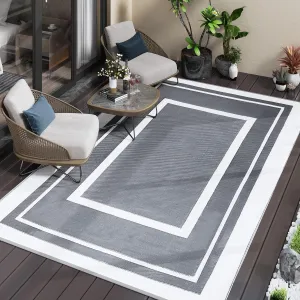 TECHMILLY Outdoor Rug 5x8 ft, Waterproof Outdoor Plastic Straw Rug, Reversible Portable Carpet for Patio, Camping, RV, Balcony, Deck, and Picnic, Grey & Navy