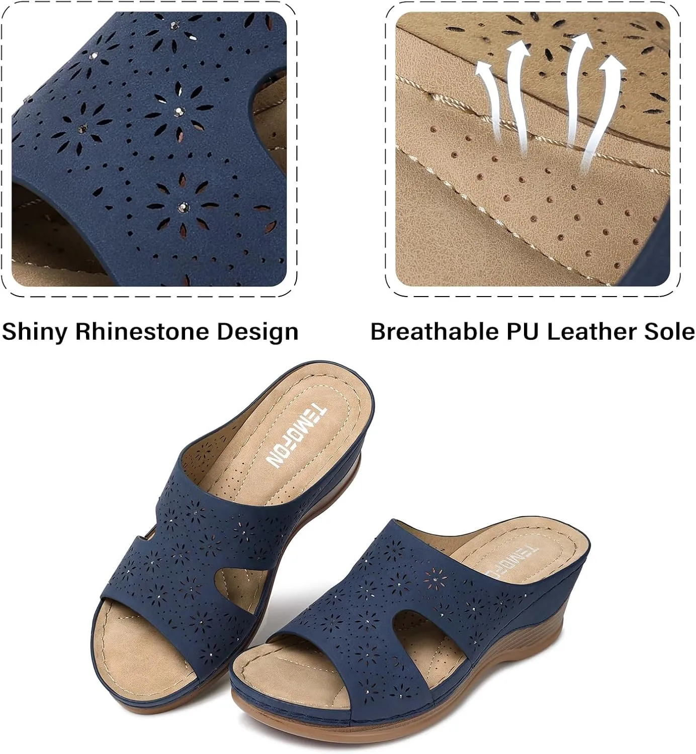 TEMOFON Women Wedge Sandals Dressy: Soft Leather Sandal, Rubber Sole, Comfortable Walking, Casual Slip on Summer Sandals