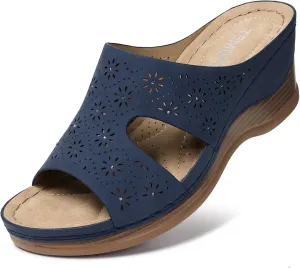 TEMOFON Women Wedge Sandals Dressy: Soft Leather Sandal, Rubber Sole, Comfortable Walking, Casual Slip on Summer Sandals