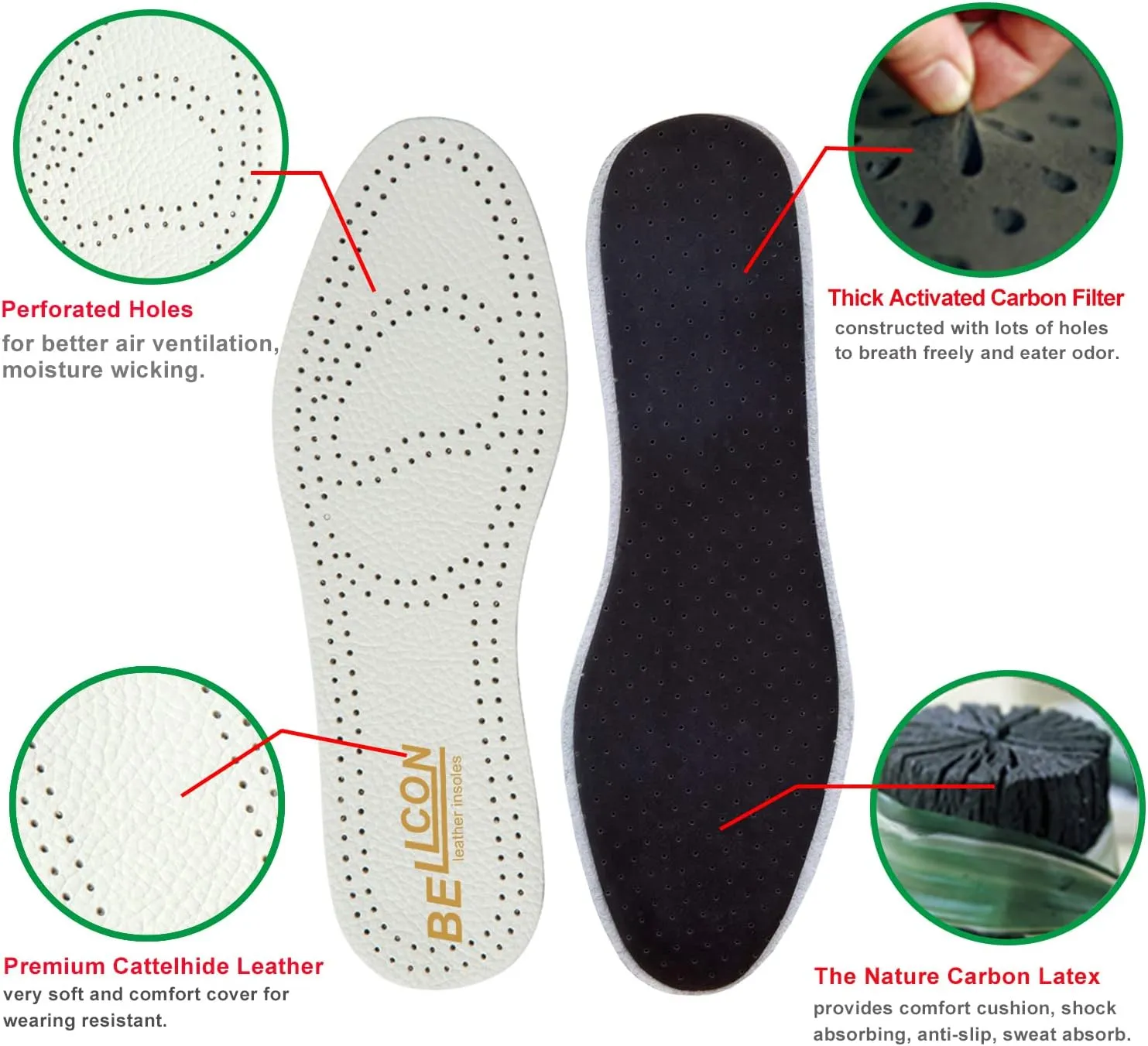 Thin Leather Insoles for Men Nonslip Shoe Pads with Activated Carbon for Odor Eatering and Sweat Absorbing Black Leather Inserts for Boots and Dress Shoes (3 Pairs/Mens US 8-8.5)