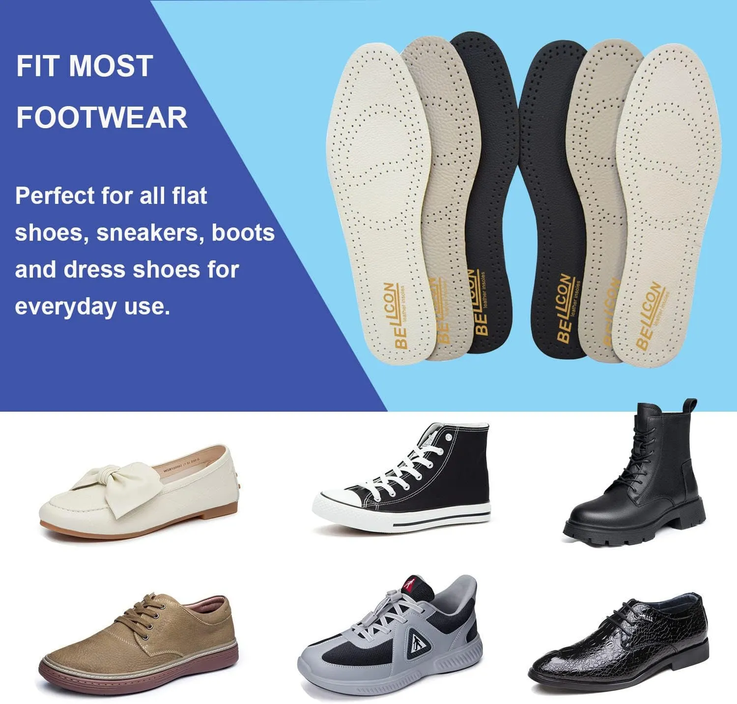Thin Leather Insoles for Men Nonslip Shoe Pads with Activated Carbon for Odor Eatering and Sweat Absorbing Black Leather Inserts for Boots and Dress Shoes (3 Pairs/Mens US 8-8.5)