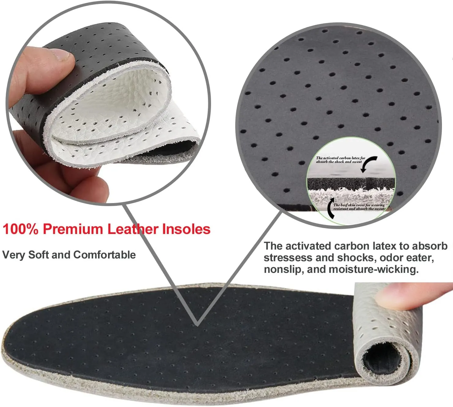 Thin Leather Insoles for Men Nonslip Shoe Pads with Activated Carbon for Odor Eatering and Sweat Absorbing Black Leather Inserts for Boots and Dress Shoes (3 Pairs/Mens US 8-8.5)