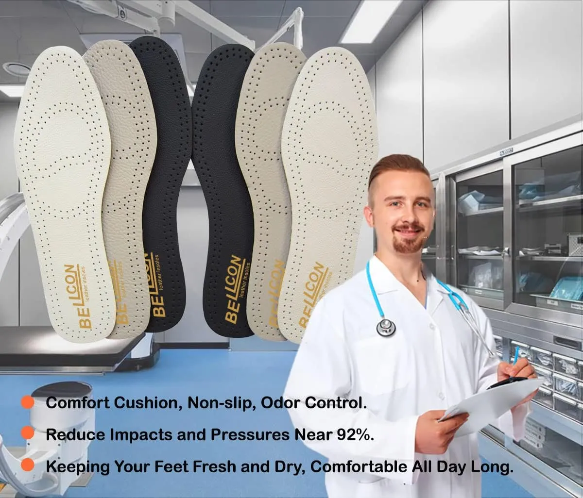 Thin Leather Insoles for Men Nonslip Shoe Pads with Activated Carbon for Odor Eatering and Sweat Absorbing Black Leather Inserts for Boots and Dress Shoes (3 Pairs/Mens US 8-8.5)