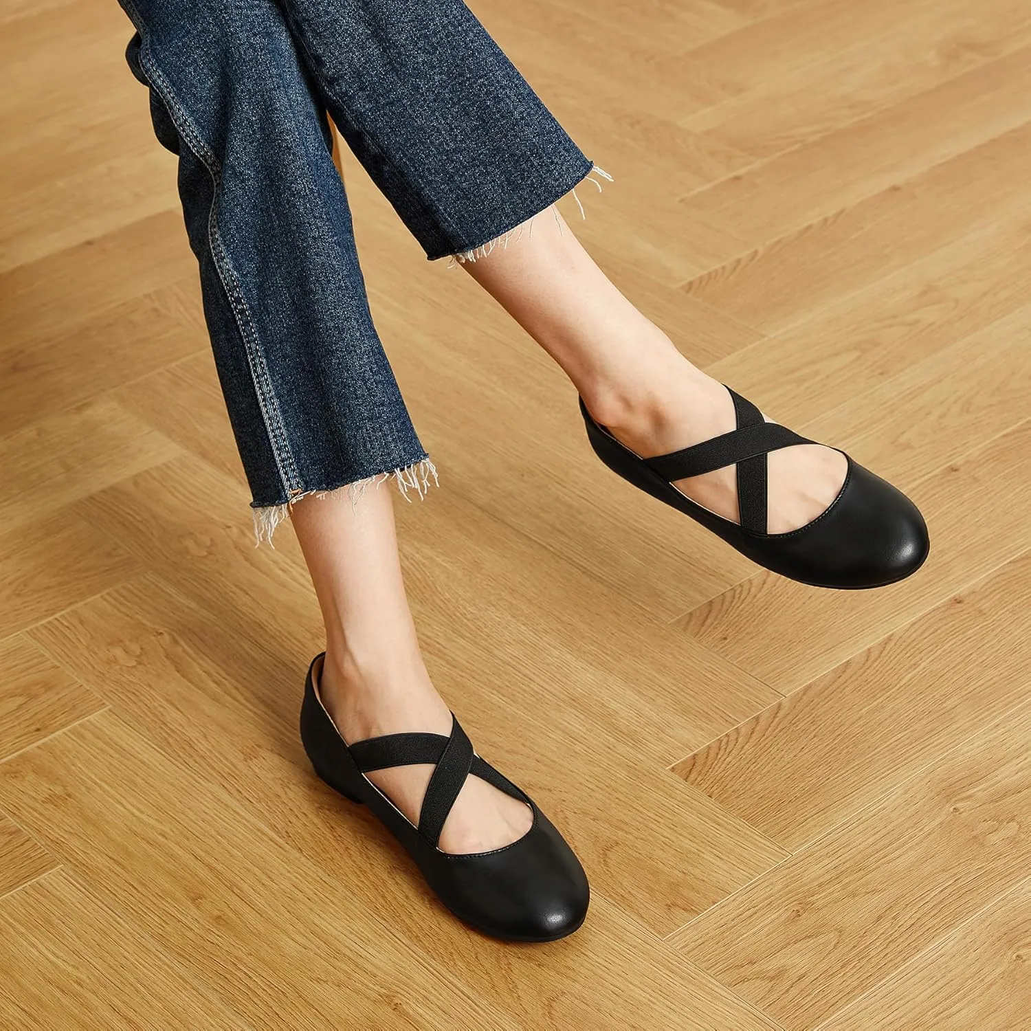 Trary Black Ballet Flats - Ankle Strap Mary Jane Shoes, Wide Width Women's Flats for Dressy Occasions