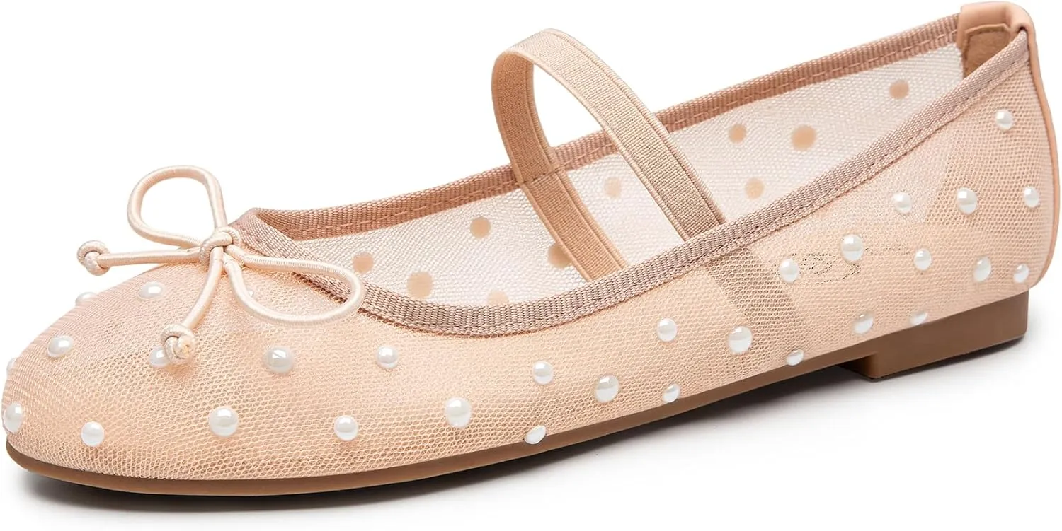 Trary Mesh Ballet Flats with Pearl Rhinestone Details, Bow Mary Jane Shoes, Comfy Wide Toe Dress Shoes for All Occasions