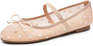Trary Mesh Ballet Flats with Pearl Rhinestone Details, Bow Mary Jane Shoes, Comfy Wide Toe Dress Shoes for All Occasions