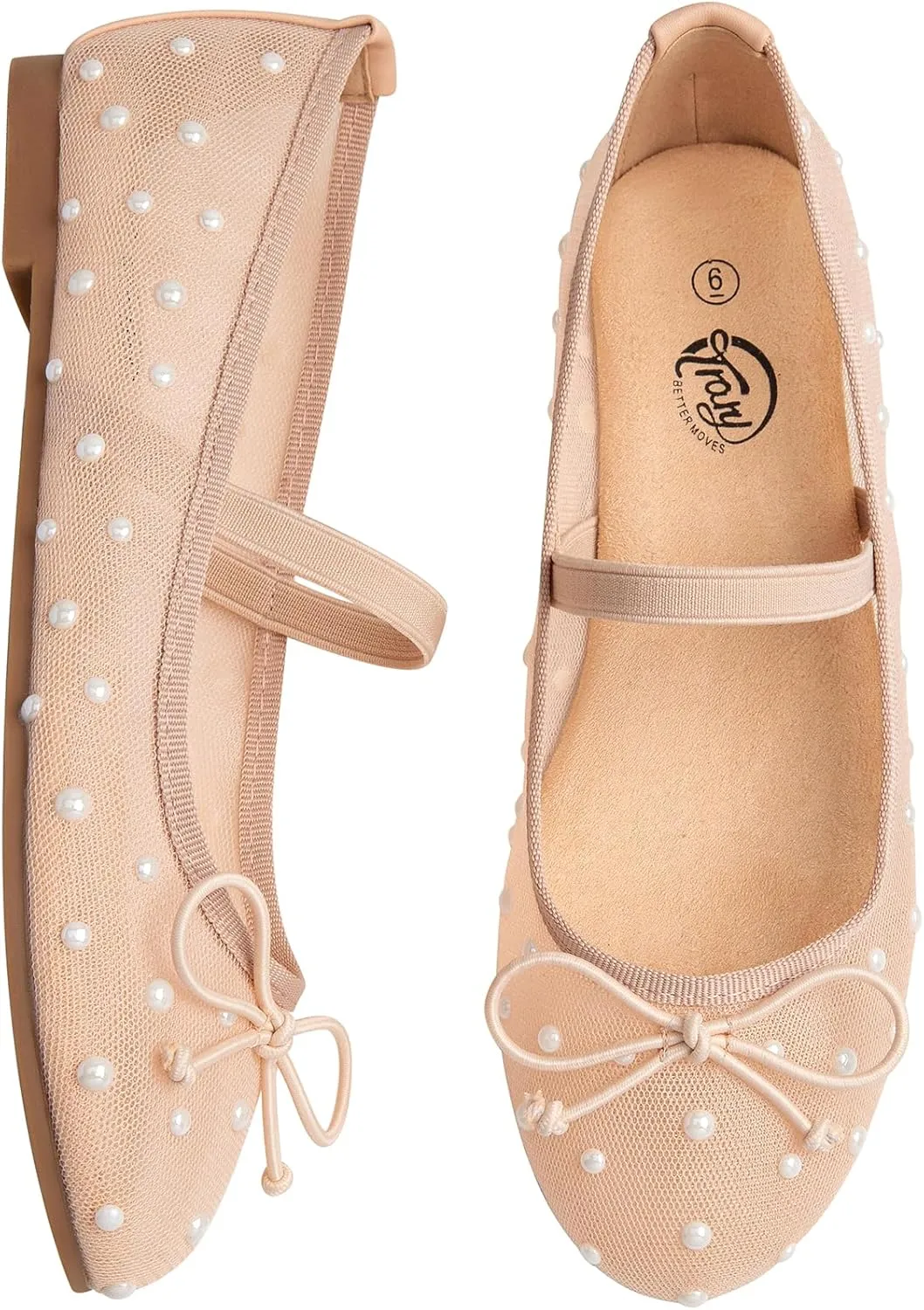 Trary Mesh Ballet Flats with Pearl Rhinestone Details, Bow Mary Jane Shoes, Comfy Wide Toe Dress Shoes for All Occasions