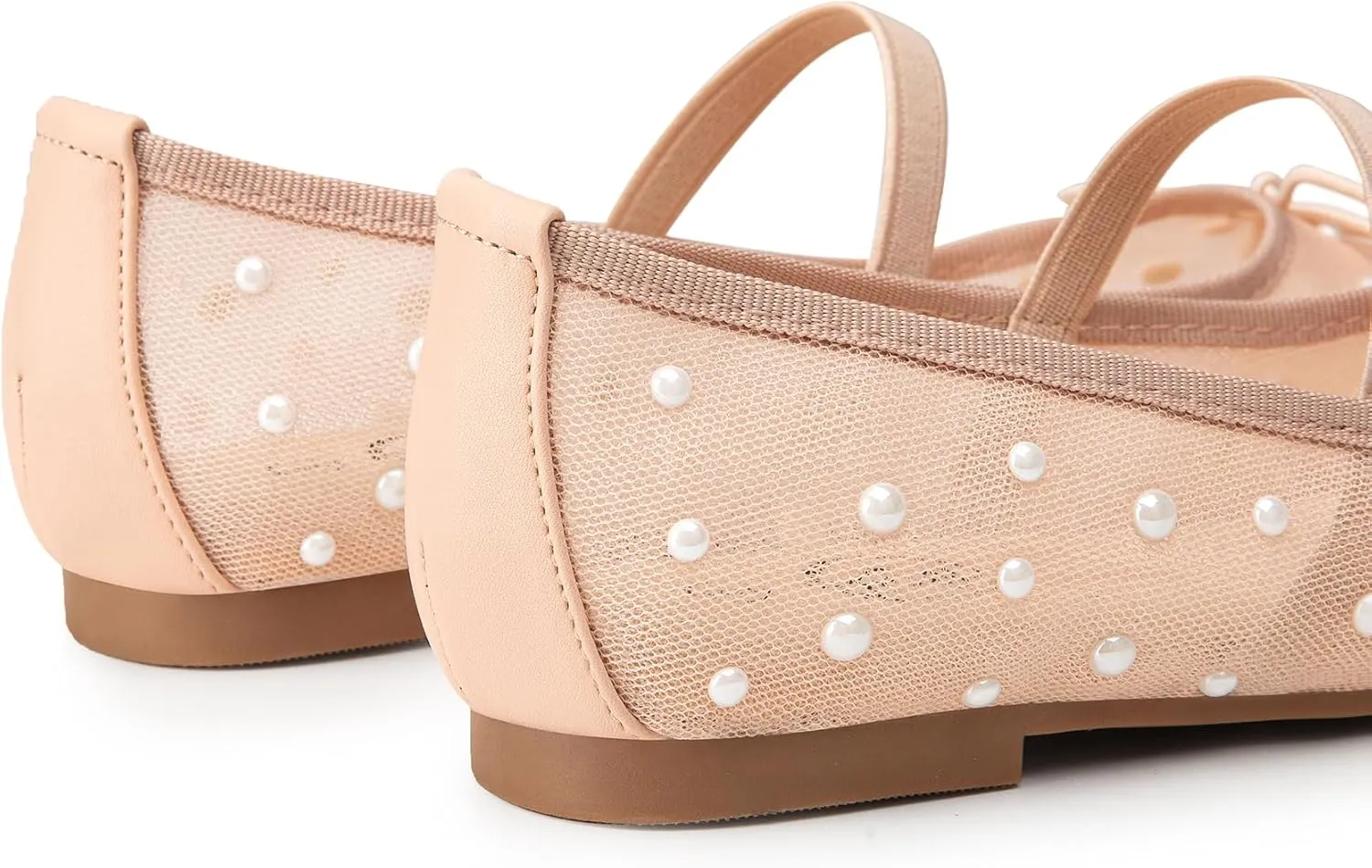 Trary Mesh Ballet Flats with Pearl Rhinestone Details, Bow Mary Jane Shoes, Comfy Wide Toe Dress Shoes for All Occasions