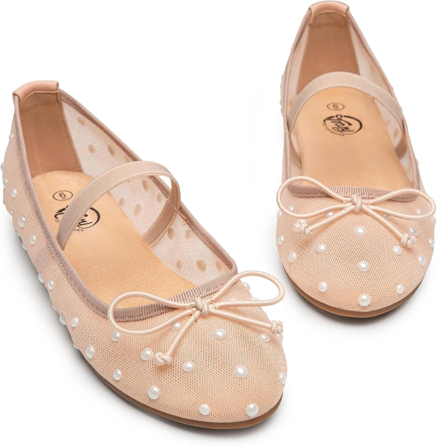 Trary Mesh Ballet Flats with Pearl Rhinestone Details, Bow Mary Jane Shoes, Comfy Wide Toe Dress Shoes for All Occasions