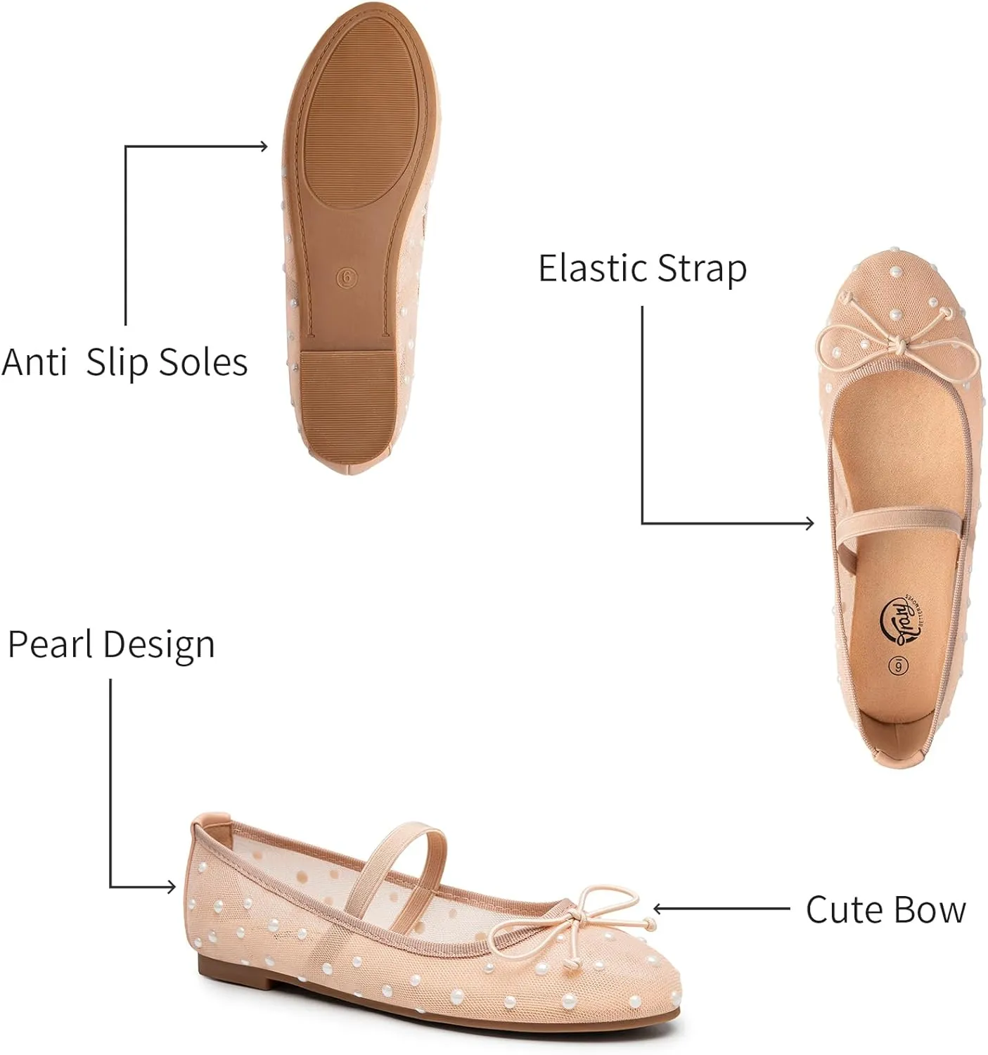 Trary Mesh Ballet Flats with Pearl Rhinestone Details, Bow Mary Jane Shoes, Comfy Wide Toe Dress Shoes for All Occasions