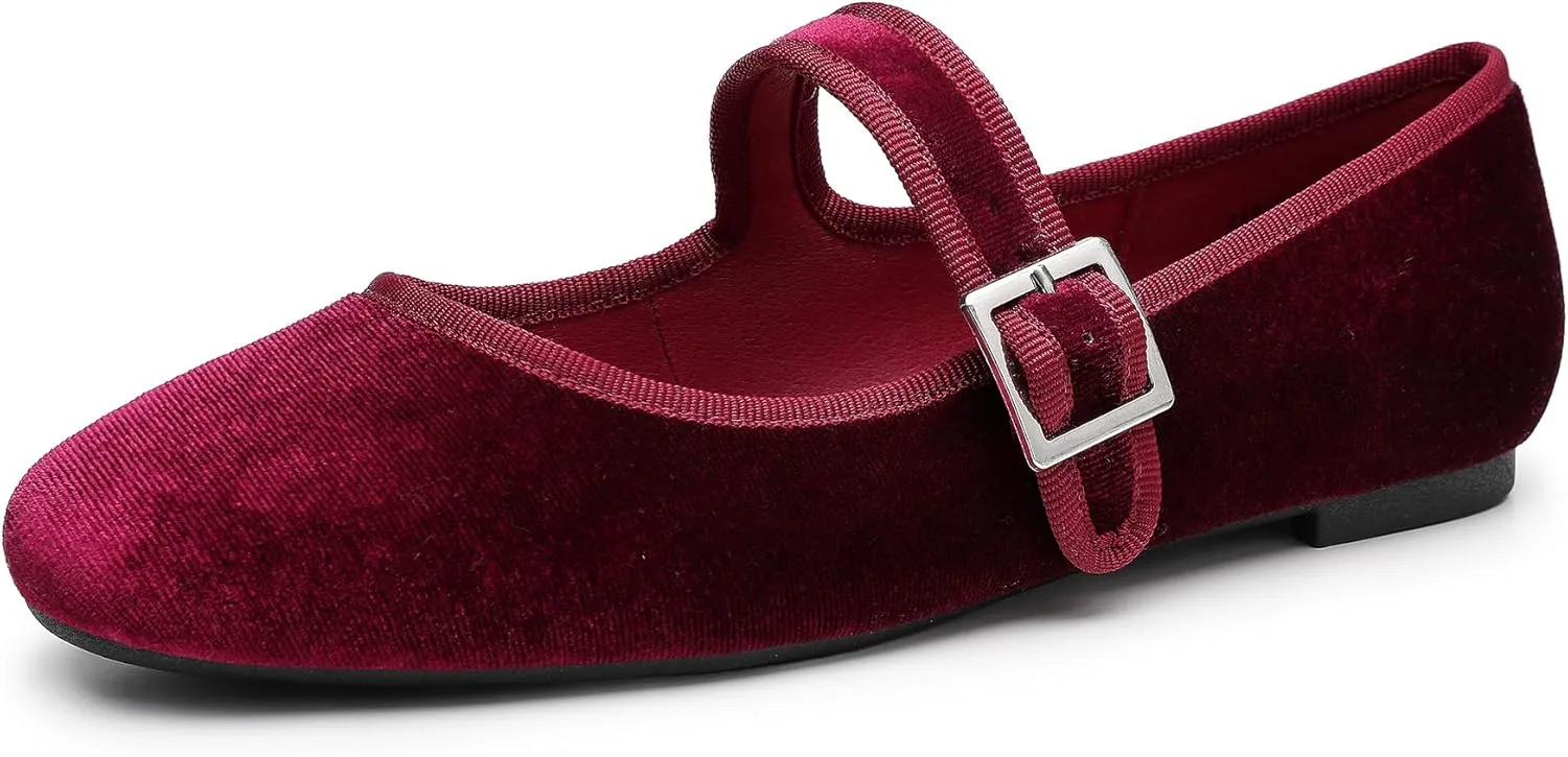 Trary Women's Ballet Flats,Square Toe Velvet Mary Jane Shoes Women,Comfortable Dress Shoes for Women Dressy
