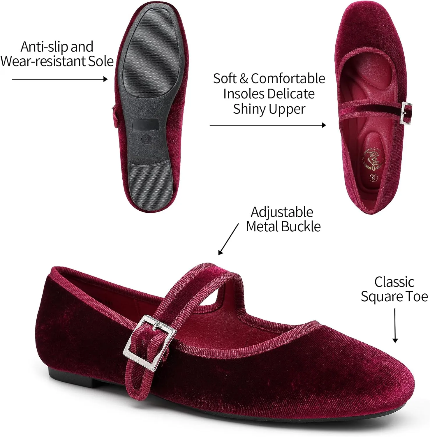 Trary Women's Ballet Flats,Square Toe Velvet Mary Jane Shoes Women,Comfortable Dress Shoes for Women Dressy