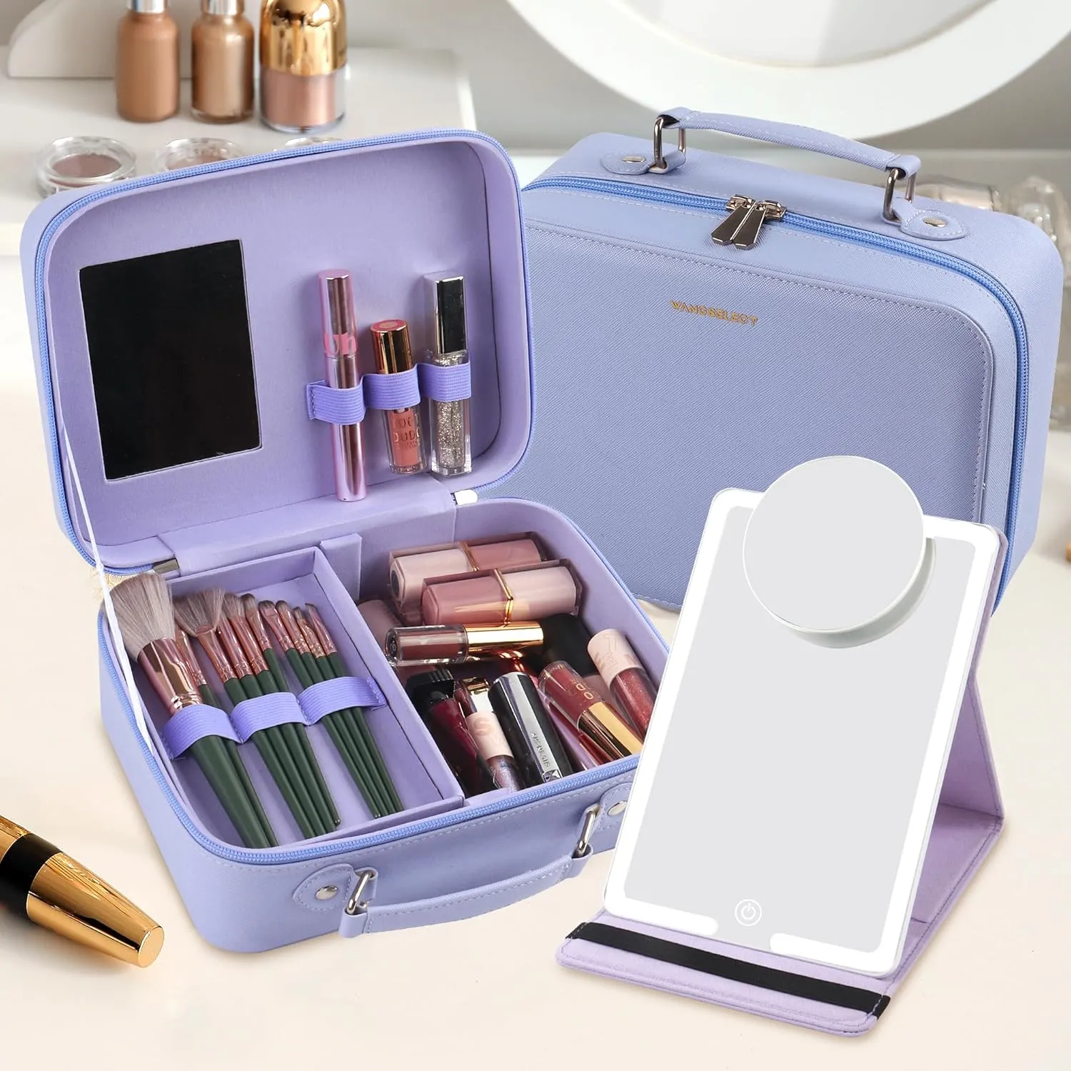Travel Makeup Case Partitionable Cosmetic Bag with Portable Ultra Thin Lighted Mirror Professional Cosmetic Artist Organizer Purple