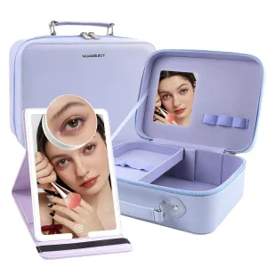 Travel Makeup Case Partitionable Cosmetic Bag with Portable Ultra Thin Lighted Mirror Professional Cosmetic Artist Organizer Purple