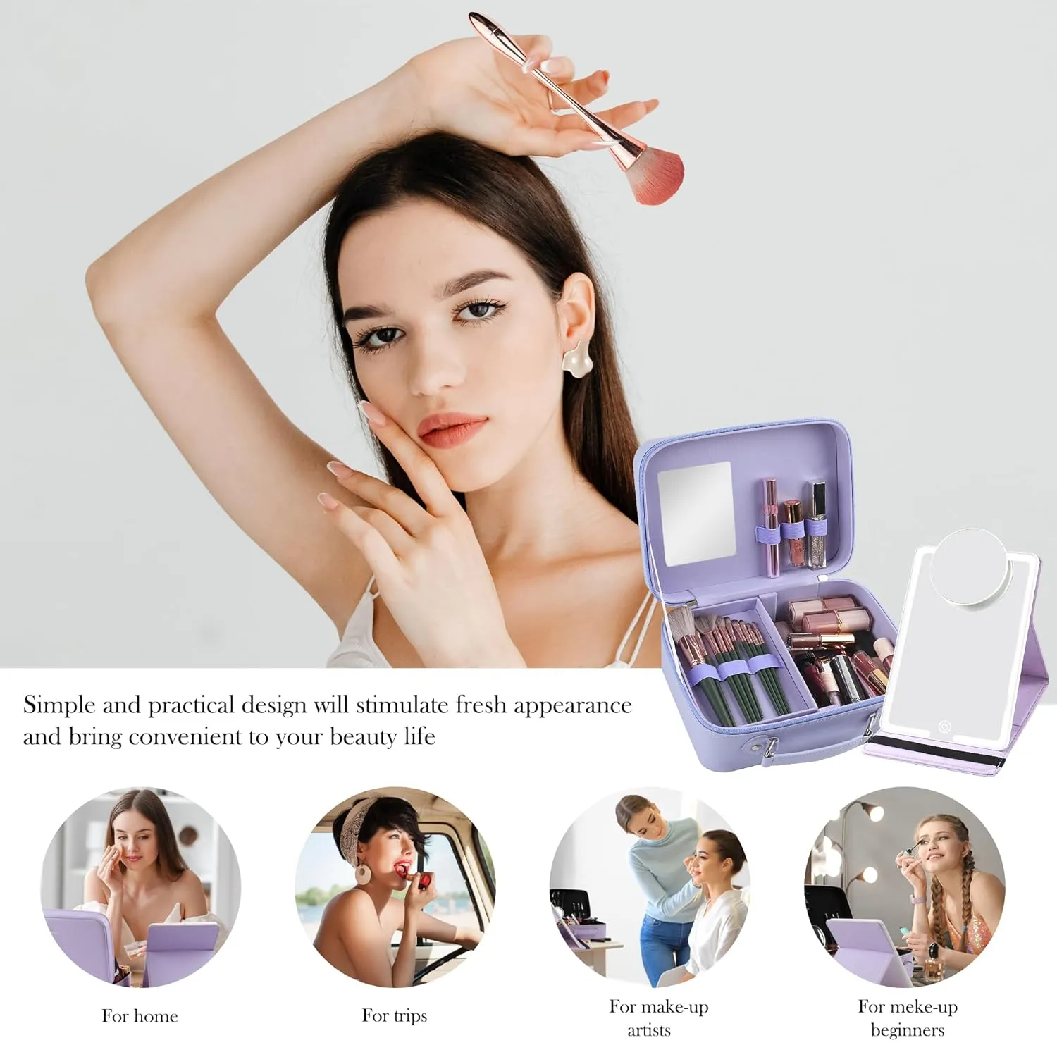 Travel Makeup Case Partitionable Cosmetic Bag with Portable Ultra Thin Lighted Mirror Professional Cosmetic Artist Organizer Purple