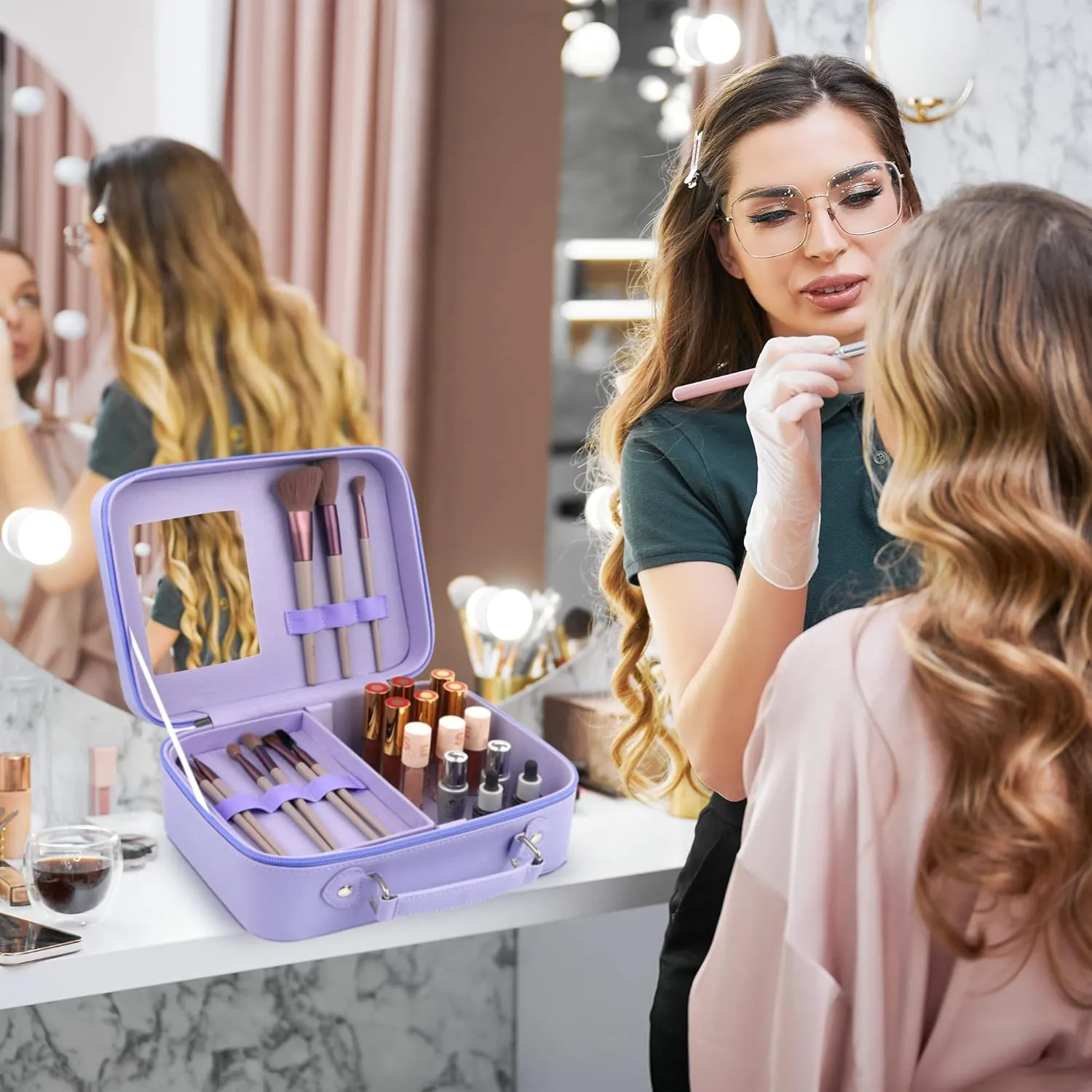 Travel Makeup Case Partitionable Cosmetic Bag with Portable Ultra Thin Lighted Mirror Professional Cosmetic Artist Organizer Purple