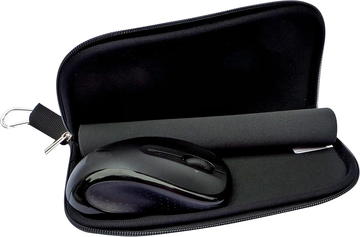 Travel Mouse Case Electronics Organizer Bag | Laptop Cord Cable Accessory Pouch with Extra Rolled Up Travel Mouse Pad | Neoprene Pouch Also Unzips Flat Into Mouse Pad (Black)