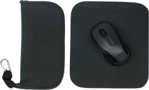 Travel Mouse Case Electronics Organizer Bag | Laptop Cord Cable Accessory Pouch with Extra Rolled Up Travel Mouse Pad | Neoprene Pouch Also Unzips Flat Into Mouse Pad (Black)