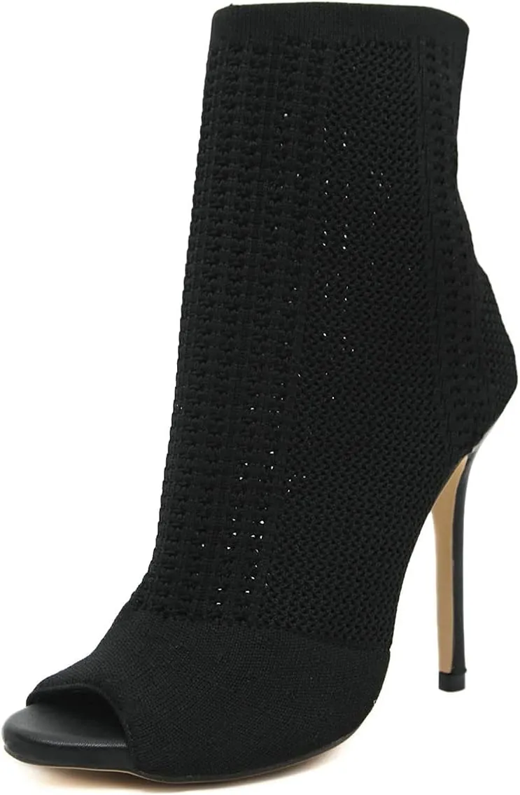 Trendenzy Women's Peep Toe Knit Sock Booties Sexy Stiletto High Heels Ankle Boots