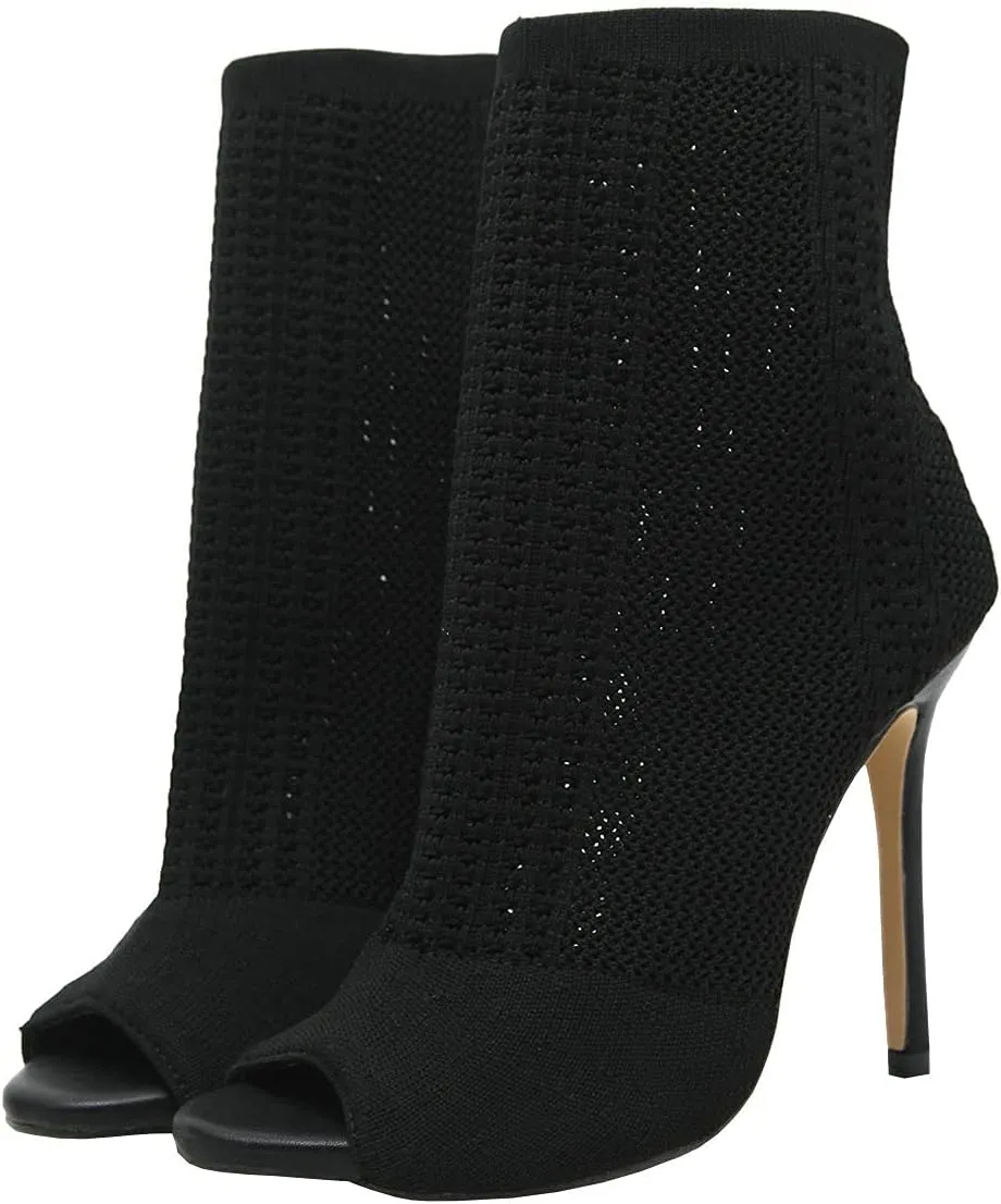 Trendenzy Women's Peep Toe Knit Sock Booties Sexy Stiletto High Heels Ankle Boots