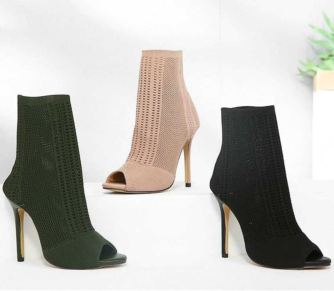 Trendenzy Women's Peep Toe Knit Sock Booties Sexy Stiletto High Heels Ankle Boots