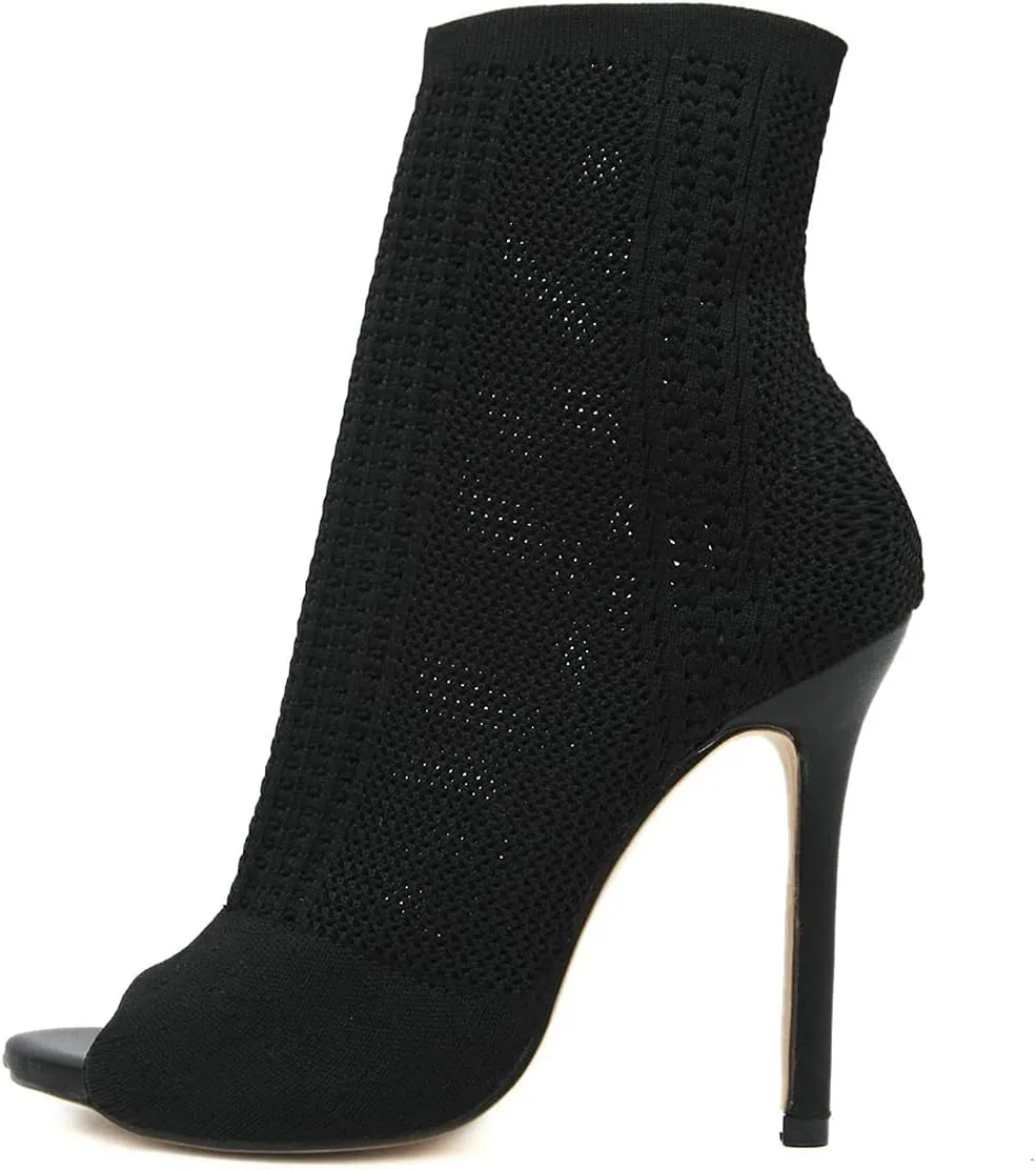 Trendenzy Women's Peep Toe Knit Sock Booties Sexy Stiletto High Heels Ankle Boots