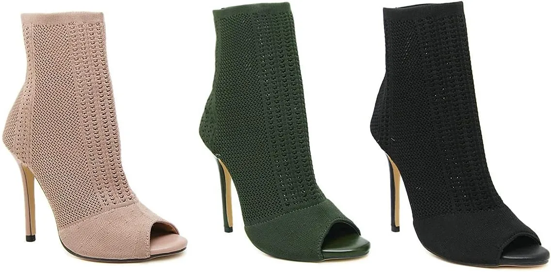 Trendenzy Women's Peep Toe Knit Sock Booties Sexy Stiletto High Heels Ankle Boots