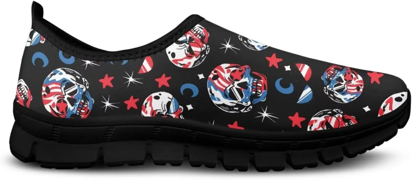 UNICEU Skull Print Slip On Shoes for Women Casual Breathable Low Top Sneakers Non-Slip Lightweight Walking Footwear