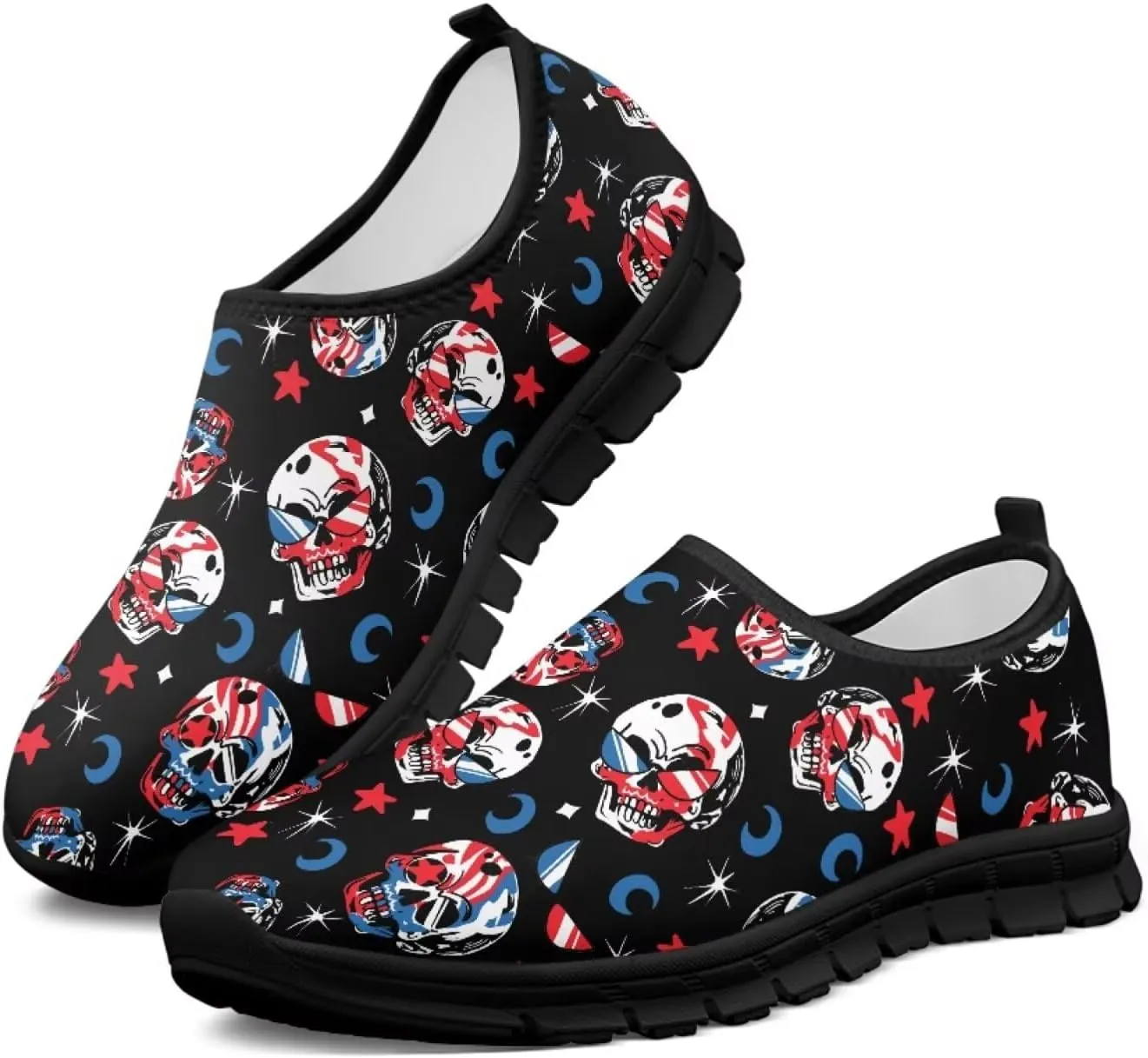 UNICEU Skull Print Slip On Shoes for Women Casual Breathable Low Top Sneakers Non-Slip Lightweight Walking Footwear