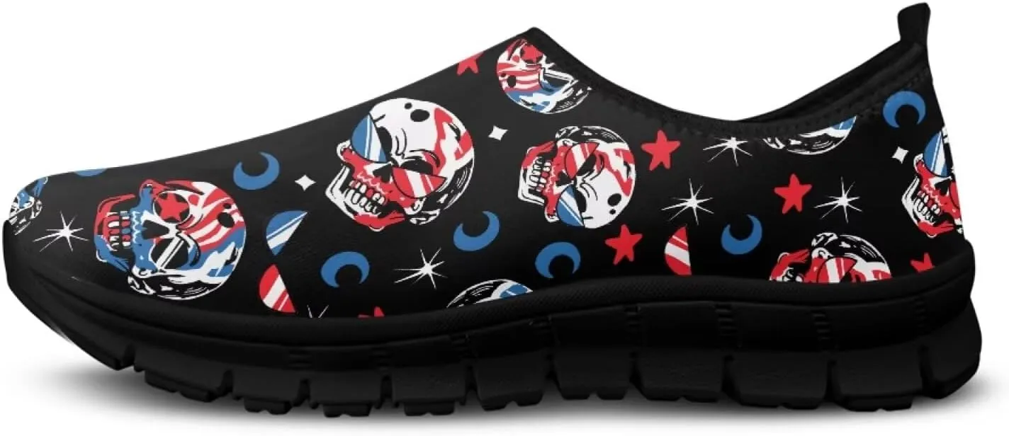 UNICEU Skull Print Slip On Shoes for Women Casual Breathable Low Top Sneakers Non-Slip Lightweight Walking Footwear
