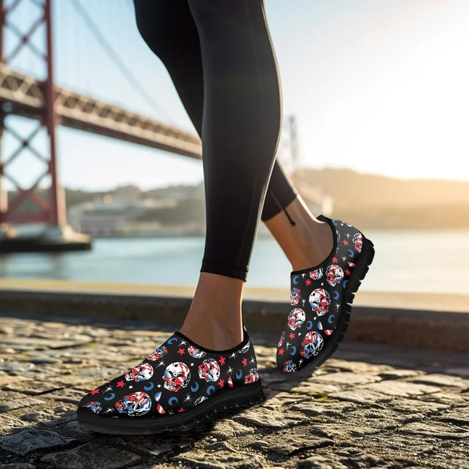UNICEU Skull Print Slip On Shoes for Women Casual Breathable Low Top Sneakers Non-Slip Lightweight Walking Footwear
