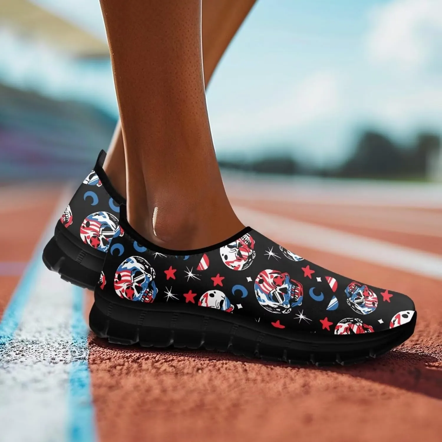 UNICEU Skull Print Slip On Shoes for Women Casual Breathable Low Top Sneakers Non-Slip Lightweight Walking Footwear