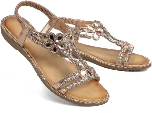 Unifizz Women's Summer Sandals Comfortable T-Strap Beaded Flower Sparkly Rhinestone Flat Elastic Sandals Dress Shoes for Outdoor Beach Wedding