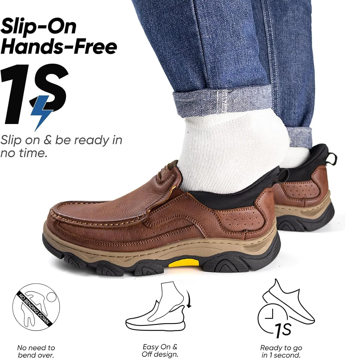 UPIShi Men's Hands Free Slip On Walking Leather Loafers Slip-ins Work Office Dress Casual Outdoor Lightweight Cushioning Shoes