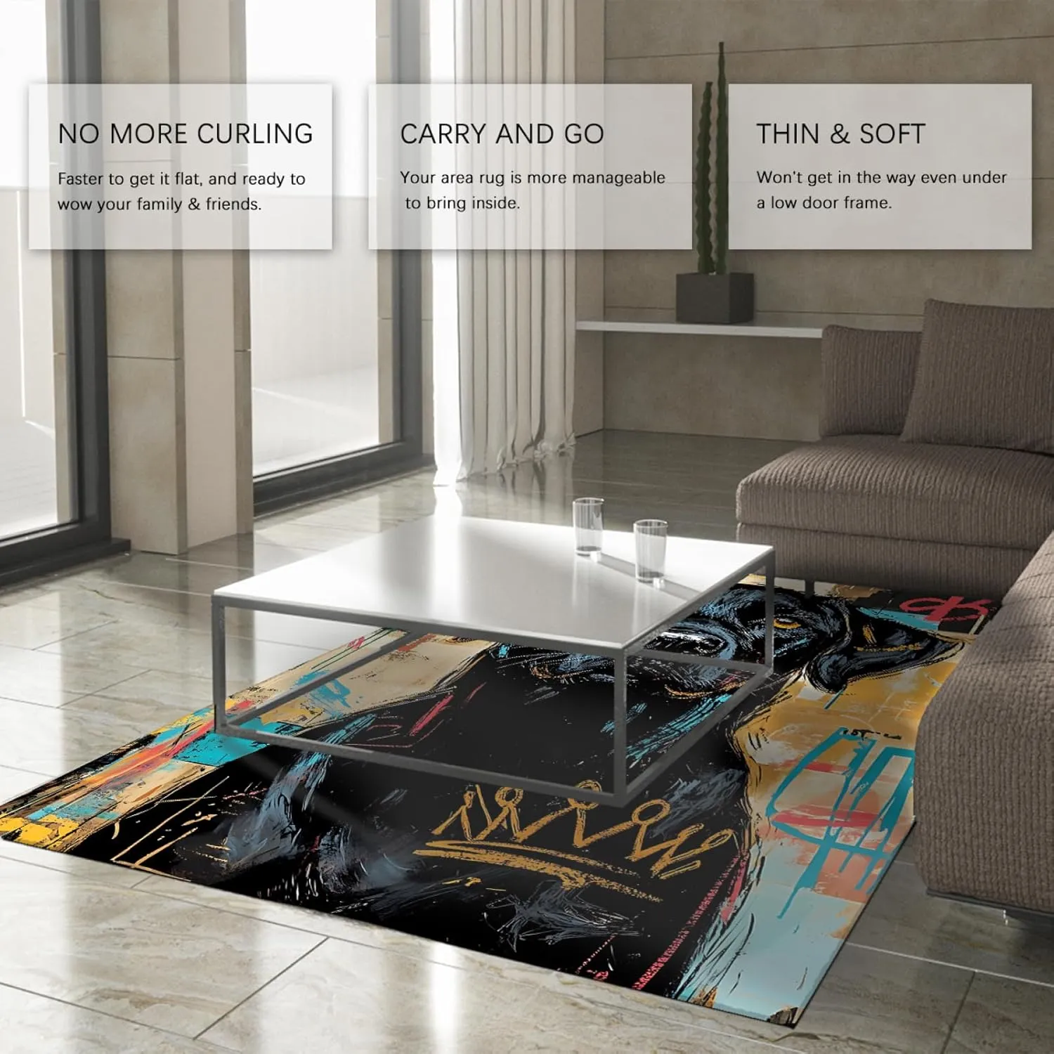 Urban Street Art Area Rugs Black Dog Graffiti Print Carpet for Pet Lovers Living Room Bedroom Modern Washable Thin Floor Mat 2'2"x4'
