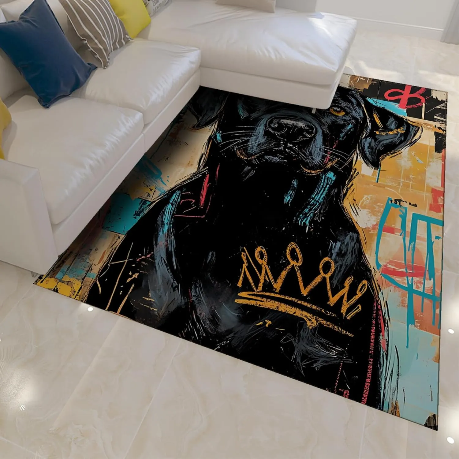 Urban Street Art Area Rugs Black Dog Graffiti Print Carpet for Pet Lovers Living Room Bedroom Modern Washable Thin Floor Mat 2'2"x4'