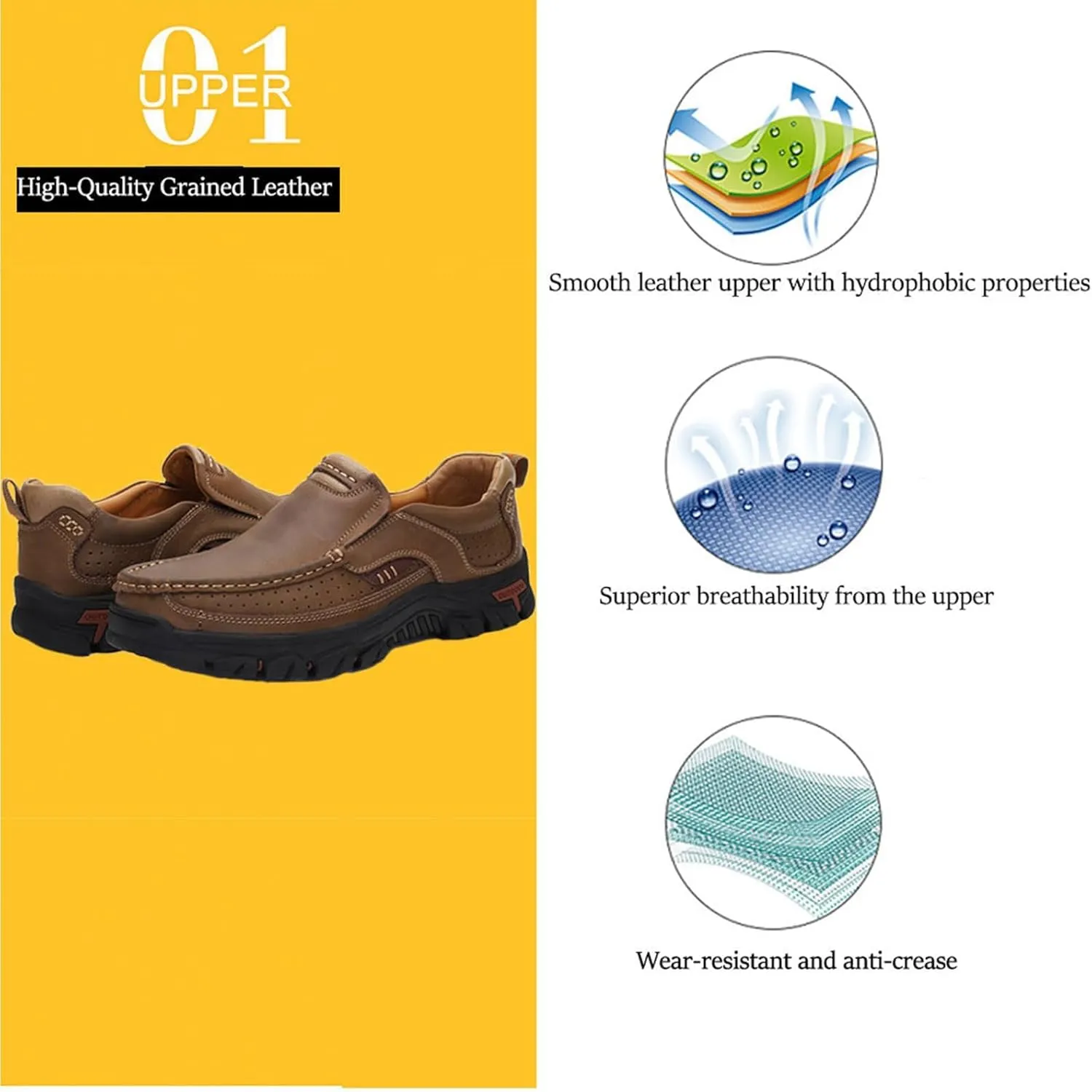 Venshine Mens Walking Shoes Leather Lightweight Breathable Casual Slip On Loafers