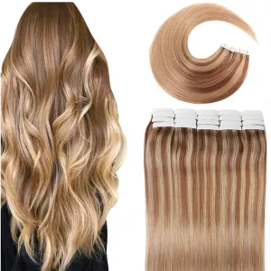 VINBAO Remy Hair Extensions Tape in Human Hair Chocolate Brown to Caramel Blonde Balayage Straight Skin Weft Remy Tape in Human Hair Extensions #10/16/16 20 Pcs 50g (14inch, #10/16/16)