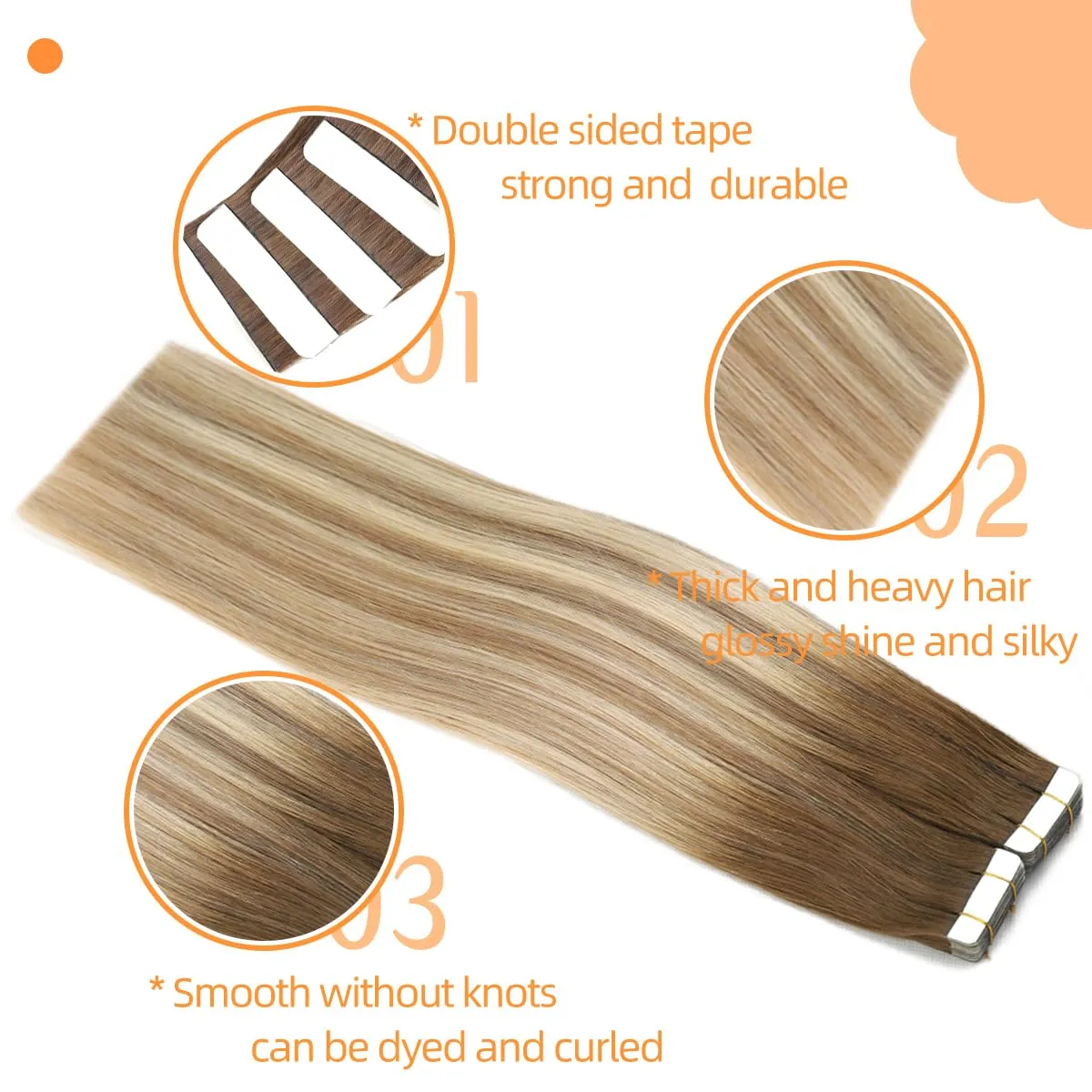 VINBAO Tape in Hair Extensions Human Hair Blonde Balayage Dark Roots Color 3-8-22 Brown and Blonde Highlights Remy Hair Tape in Extensions 20 Pieces 50 Grams(14inch, #3/8/22)