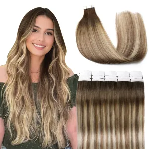 VINBAO Tape in Hair Extensions Human Hair Blonde Balayage Dark Roots Color 3-8-22 Brown and Blonde Highlights Remy Hair Tape in Extensions 20 Pieces 50 Grams(14inch, #3/8/22)