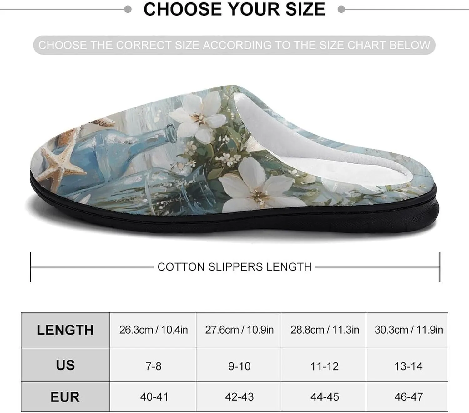 Vintage Seaside Flowers Starfish Shells Comfort Mens Cotton Slippers Winter Warm Slip-on House Shoes For Home Office Hotel
