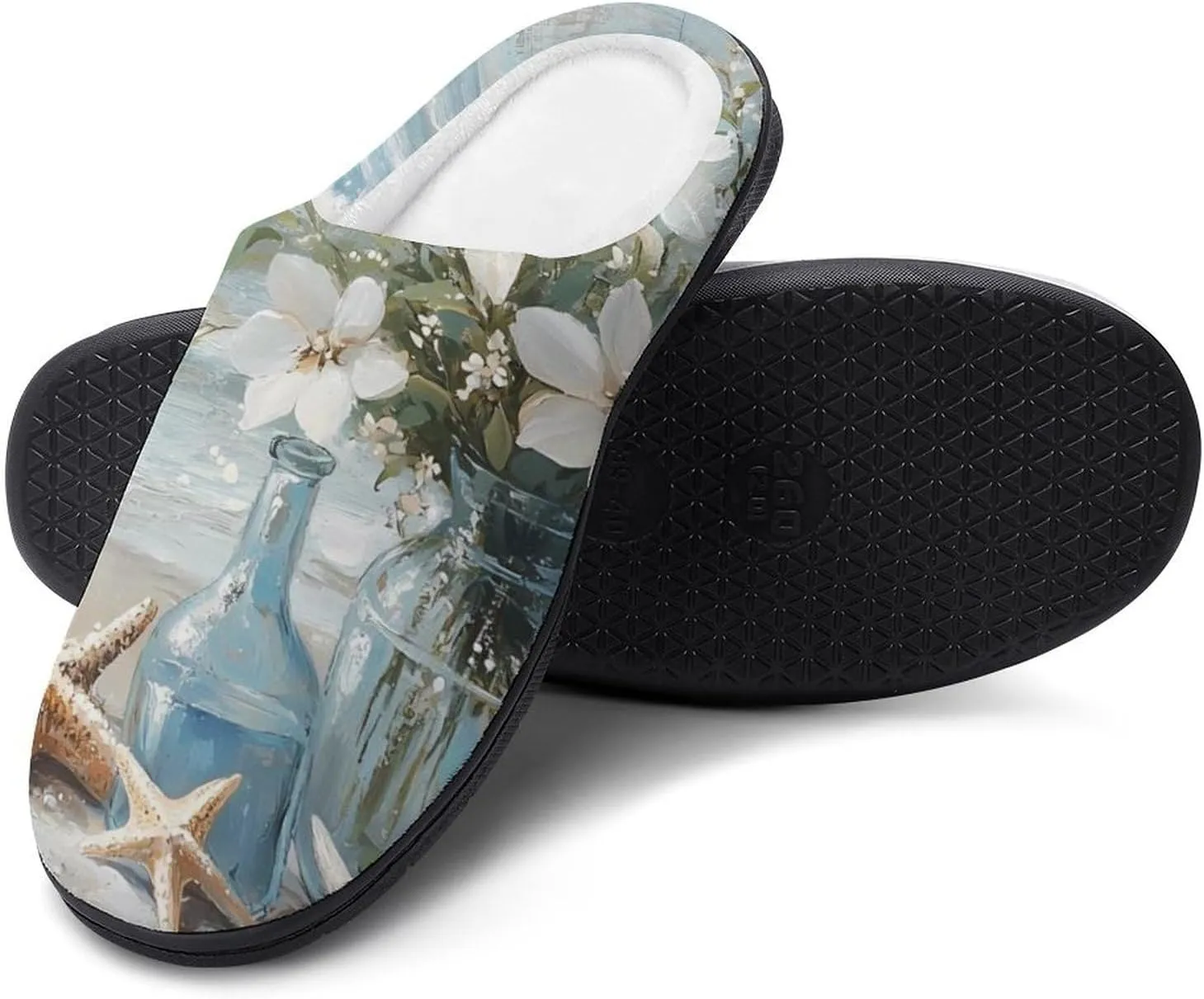 Vintage Seaside Flowers Starfish Shells Comfort Mens Cotton Slippers Winter Warm Slip-on House Shoes For Home Office Hotel