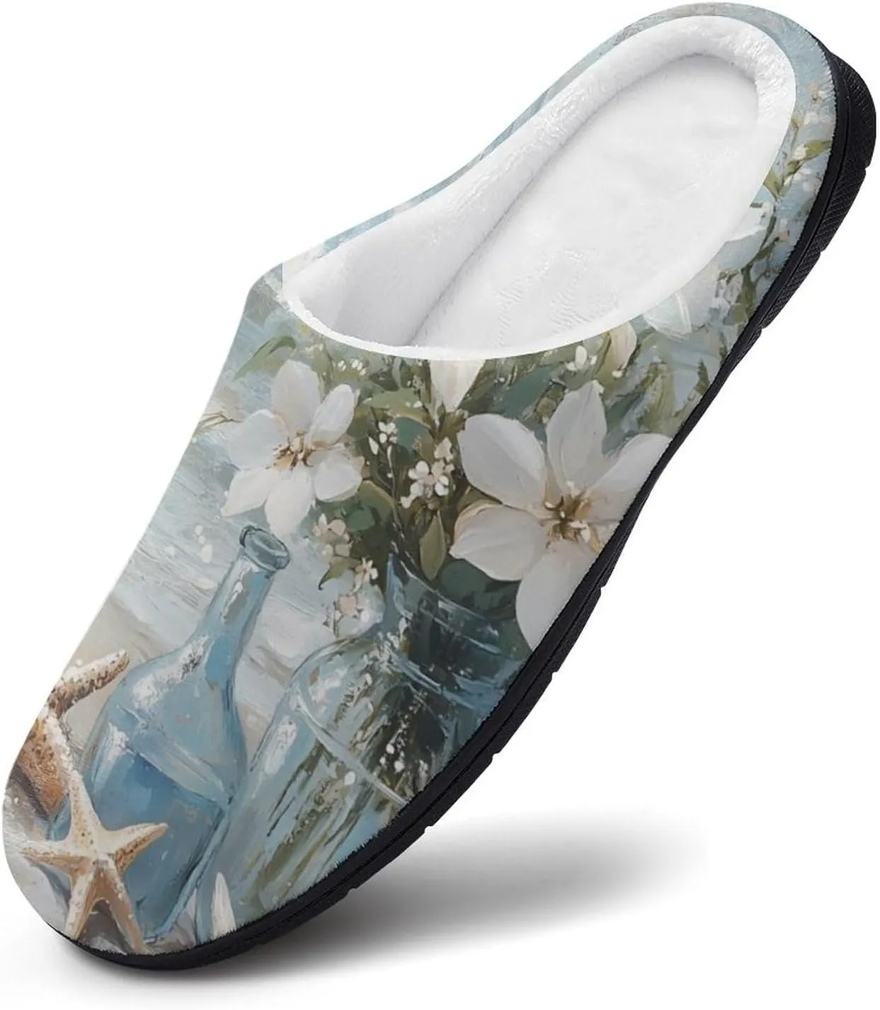 Vintage Seaside Flowers Starfish Shells Comfort Mens Cotton Slippers Winter Warm Slip-on House Shoes For Home Office Hotel