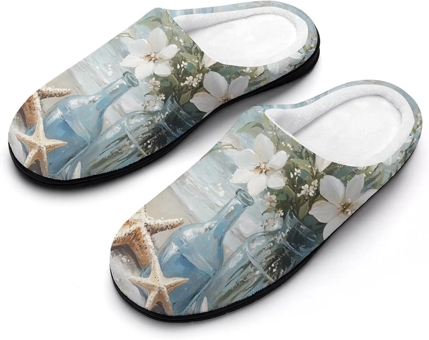 Vintage Seaside Flowers Starfish Shells Comfort Mens Cotton Slippers Winter Warm Slip-on House Shoes For Home Office Hotel
